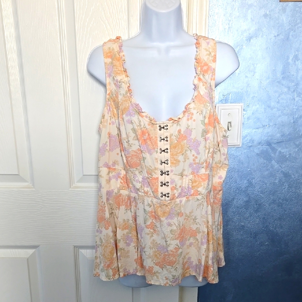 Torrid Cream and Orange Buttoned Peplum Tank Top